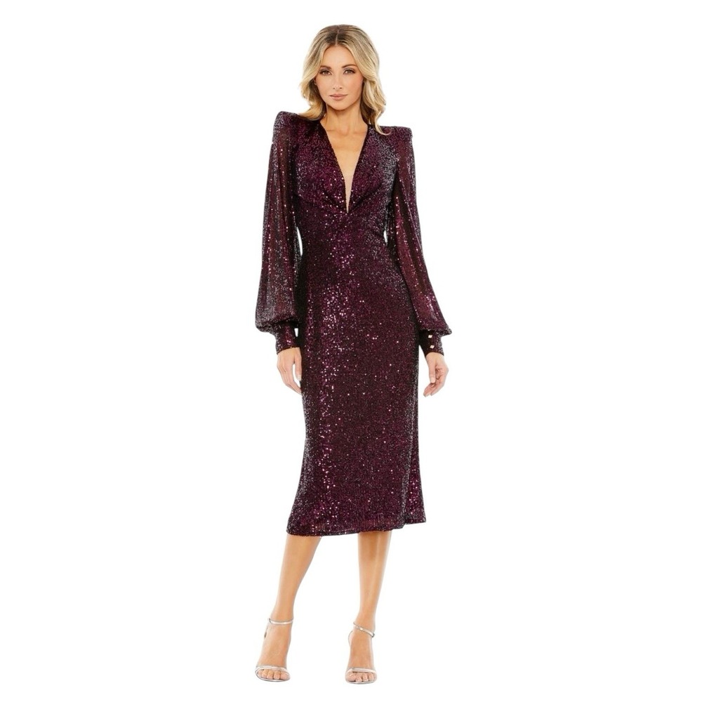Mac Duggal 26866 Magenta Sequin‎ Long Sleeve Plunge Midi Dress Size 12 $398